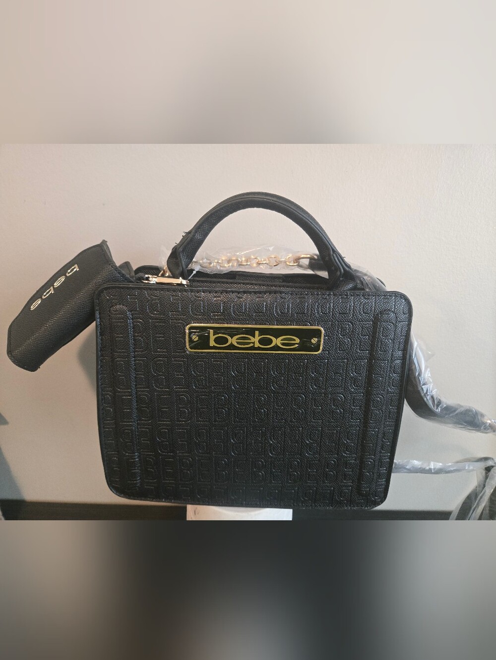 NWT bebe Thea Small Satchel Crossbody Bag Black Gold Logo Card Case